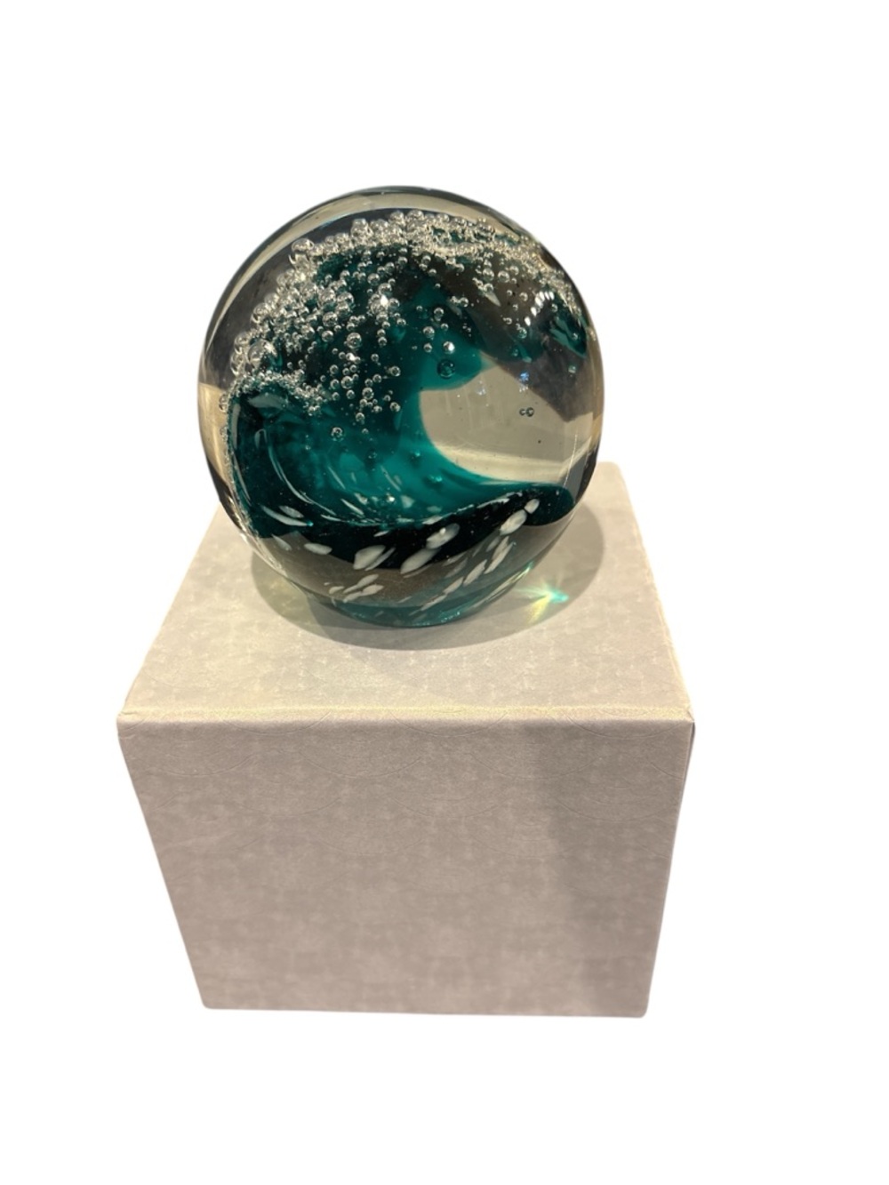 Hand-Blown Teal Glass Wave Paperweight - Artistic Home Accent